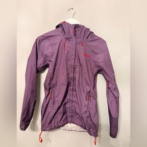 Patagonia Jacket in Cream with Purple Trim and Multicolor Logo